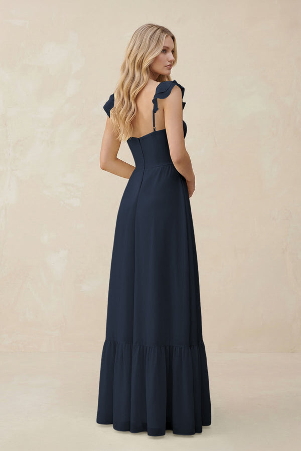 Sweetheart Ruffled Sleeve A - Line Chiffon Bridesmaid Dress in Dark Navy - SHE IS ME Bridesmaid Dresses
