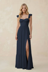 Sweetheart Ruffled Sleeve A - Line Chiffon Bridesmaid Dress in Dark Navy - KISS BRIDAL Bridesmaid Dresses