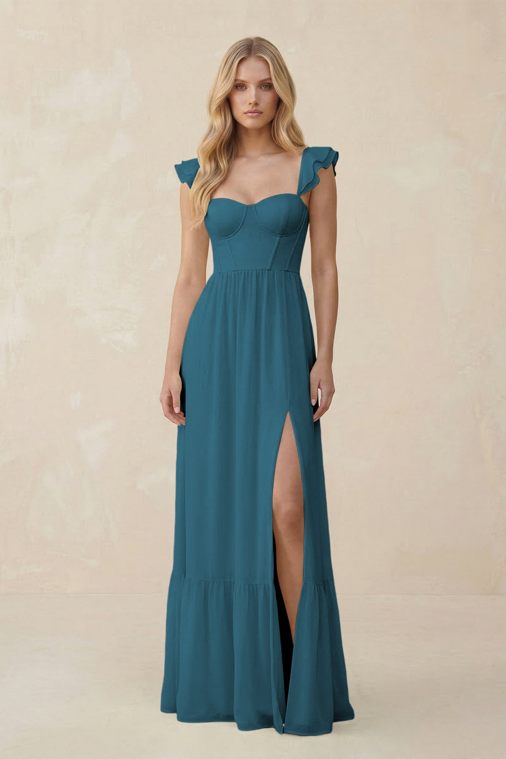 Sweetheart Ruffled Sleeve A - Line Chiffon Bridesmaid Dress in Dark Teal - KISS BRIDAL Bridesmaid Dresses