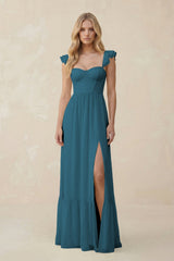 Sweetheart Ruffled Sleeve A - Line Chiffon Bridesmaid Dress in Dark Teal - KISS BRIDAL Bridesmaid Dresses