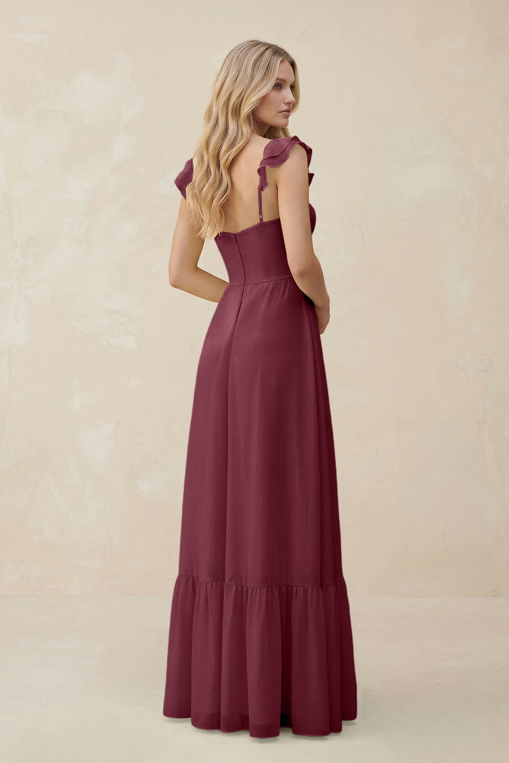 Sweetheart Ruffled Sleeve A-Line Chiffon Bridesmaid Dress in Desert Rose