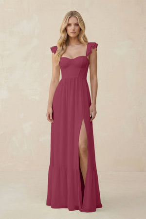 Sweetheart Ruffled Sleeve A - Line Chiffon Bridesmaid Dress in Desert Rose - SHE IS ME Bridesmaid Dresses