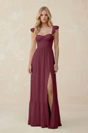 Sweetheart Ruffled Sleeve A-Line Chiffon Bridesmaid Dress in Desert Rose | KISSBRIDAL