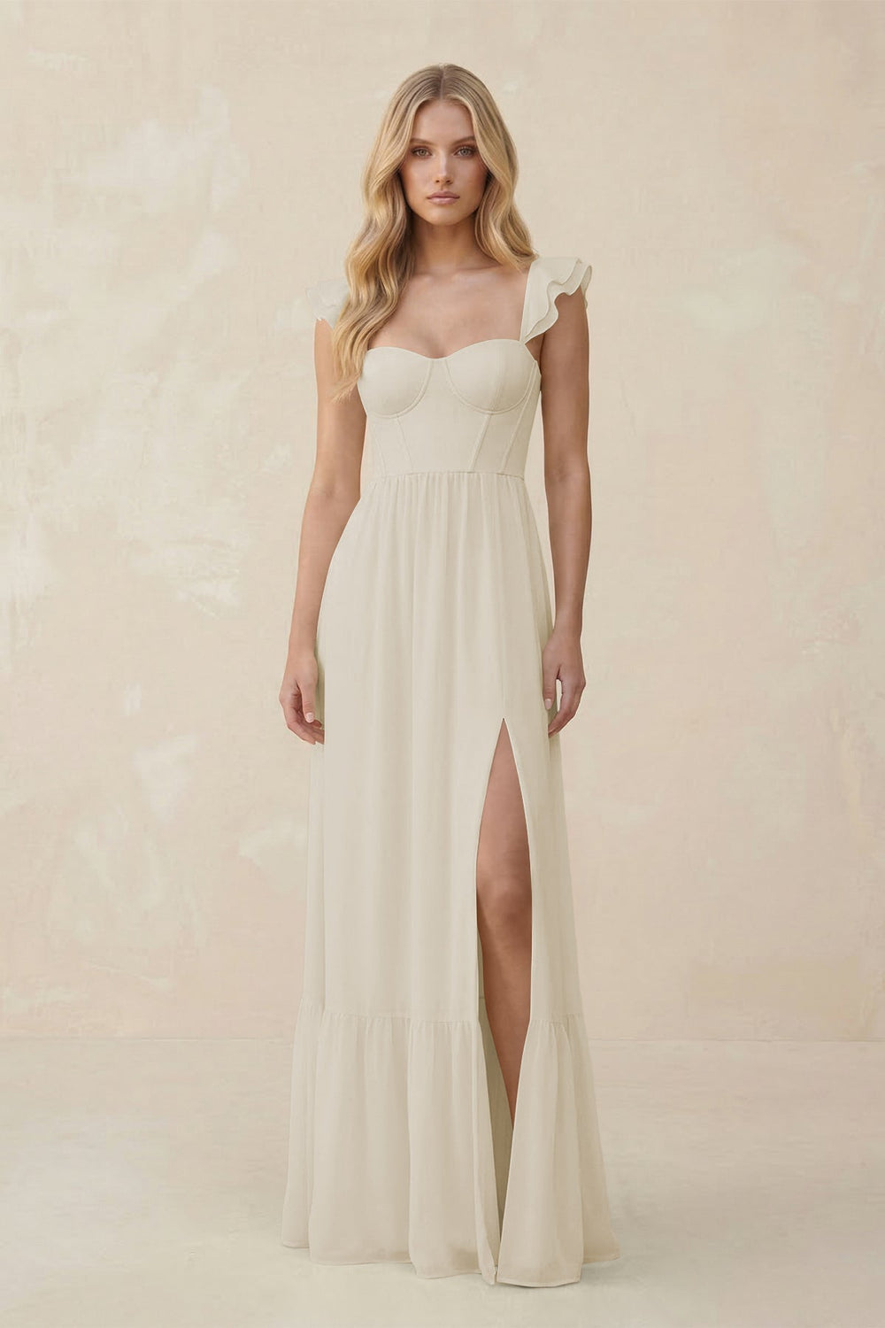 Sweetheart Ruffled Sleeve A - Line Chiffon Bridesmaid Dress in Dove Gray - KISS BRIDAL Bridesmaid Dresses