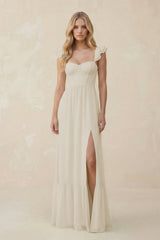 Sweetheart Ruffled Sleeve A - Line Chiffon Bridesmaid Dress in Dove Gray - KISS BRIDAL Bridesmaid Dresses