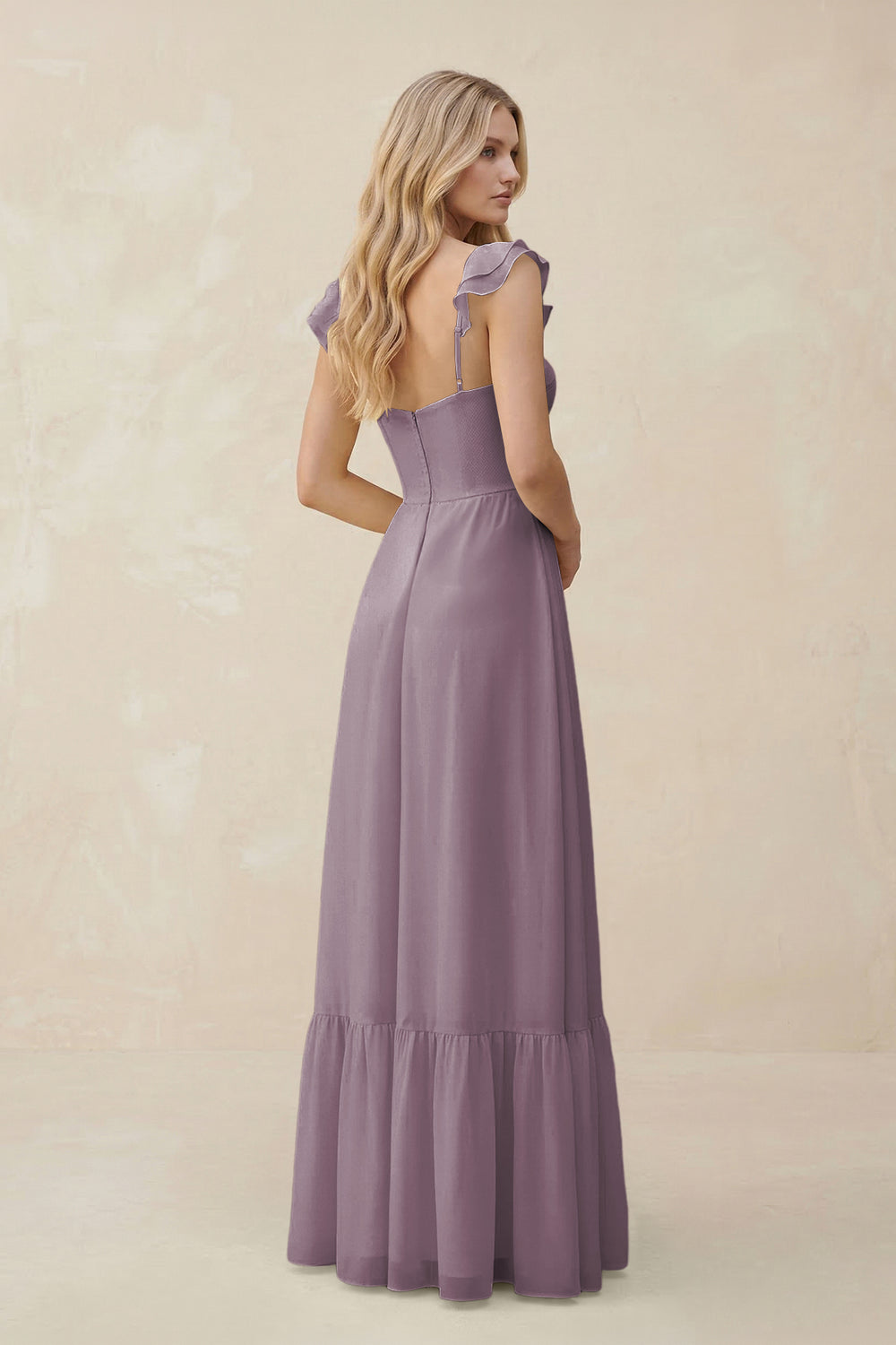 Sweetheart Ruffled Sleeve A-Line Chiffon Bridesmaid Dress in Dusk