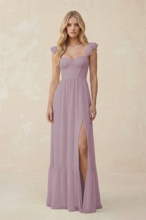 Sweetheart Ruffled Sleeve A - Line Chiffon Bridesmaid Dress in Dusk - SHE IS ME Bridesmaid Dresses