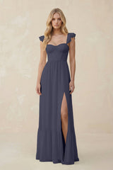 Sweetheart Ruffled Sleeve A - Line Chiffon Bridesmaid Dress in Dusk Blue - KISS BRIDAL Bridesmaid Dresses