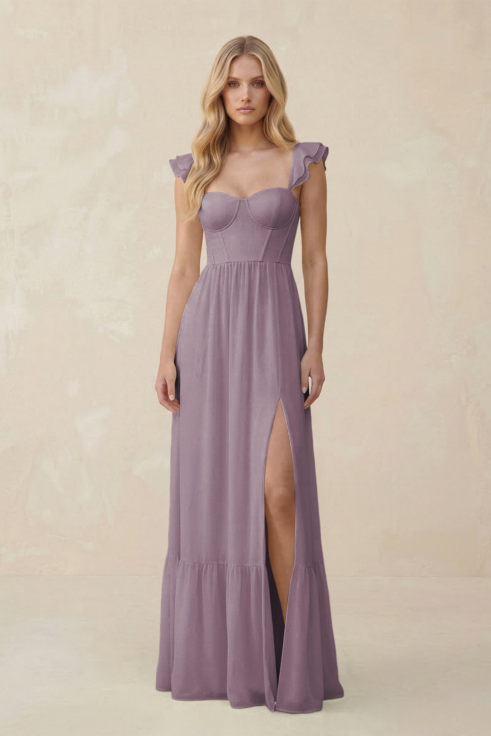 Sweetheart Ruffled Sleeve A-Line Chiffon Bridesmaid Dress in Dusk