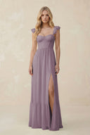 Sweetheart Ruffled Sleeve A-Line Chiffon Bridesmaid Dress in Dusk | KISSBRIDAL