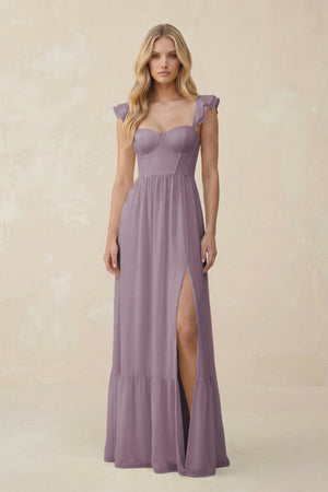 Sweetheart Ruffled Sleeve A-Line Chiffon Bridesmaid Dress in Dusk | KISSBRIDAL