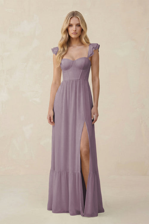 Sweetheart Ruffled Sleeve A-Line Chiffon Bridesmaid Dress in Dusk | KISSBRIDAL