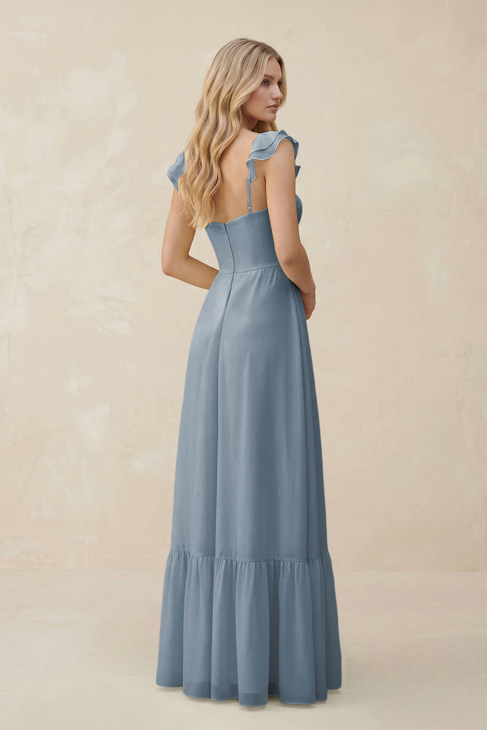 Sweetheart Ruffled Sleeve A-Line Chiffon Bridesmaid Dress in Dusty Blue
