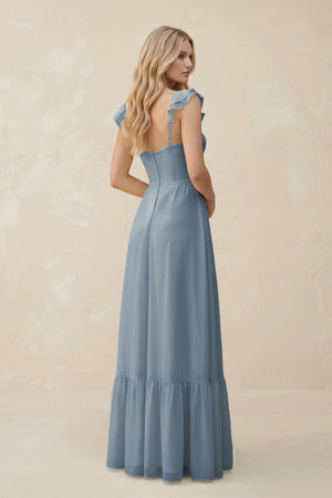 Sweetheart Ruffled Sleeve A-Line Chiffon Bridesmaid Dress in Dusty Blue (2) | KISSBRIDAL