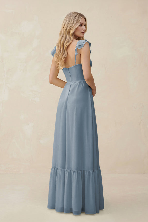 Sweetheart Ruffled Sleeve A-Line Chiffon Bridesmaid Dress in Dusty Blue (2) | KISSBRIDAL