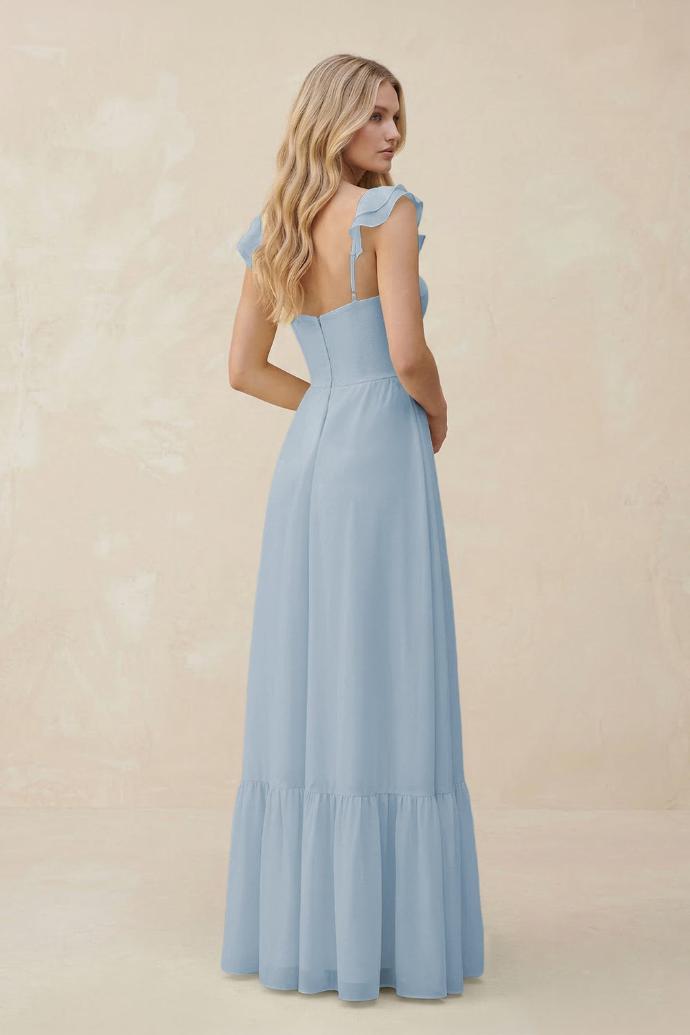 Sweetheart Ruffled Sleeve A - Line Chiffon Bridesmaid Dress in Dusty Blue - KISS BRIDAL Bridesmaid Dresses