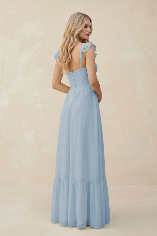 Sweetheart Ruffled Sleeve A - Line Chiffon Bridesmaid Dress in Dusty Blue - SHE IS ME Bridesmaid Dresses