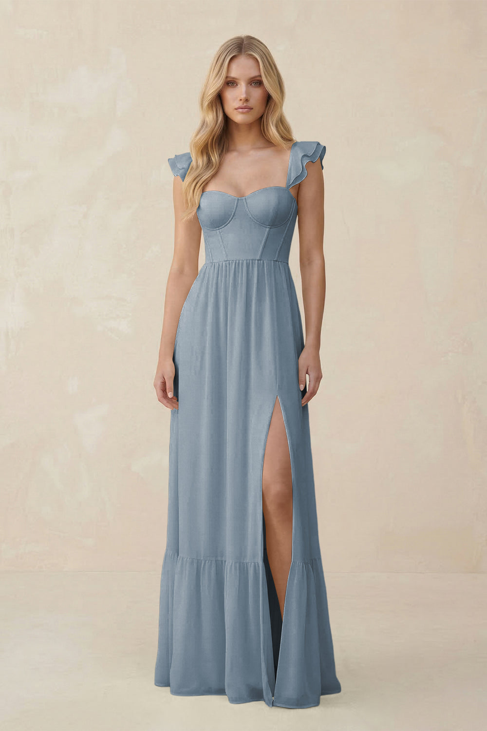 Sweetheart Ruffled Sleeve A-Line Chiffon Bridesmaid Dress in Dusty Blue