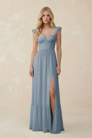 Sweetheart Ruffled Sleeve A-Line Chiffon Bridesmaid Dress in Dusty Blue | KISSBRIDAL