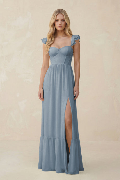 Sweetheart Ruffled Sleeve A-Line Chiffon Bridesmaid Dress in Dusty Blue | KISSBRIDAL