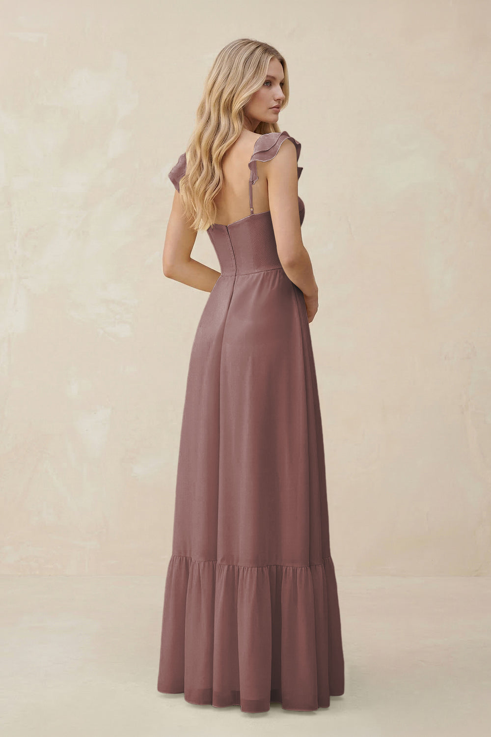 Sweetheart Ruffled Sleeve A-Line Chiffon Bridesmaid Dress in Dusty Rose