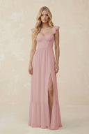 Sweetheart Ruffled Sleeve A - Line Chiffon Bridesmaid Dress in Dusty Rose - SHE IS ME Bridesmaid Dresses