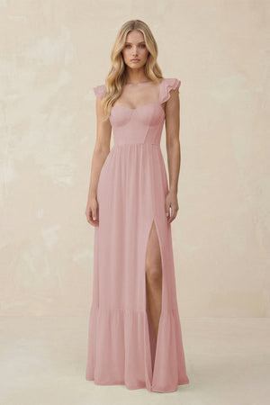 Sweetheart Ruffled Sleeve A - Line Chiffon Bridesmaid Dress in Dusty Rose - SHE IS ME Bridesmaid Dresses