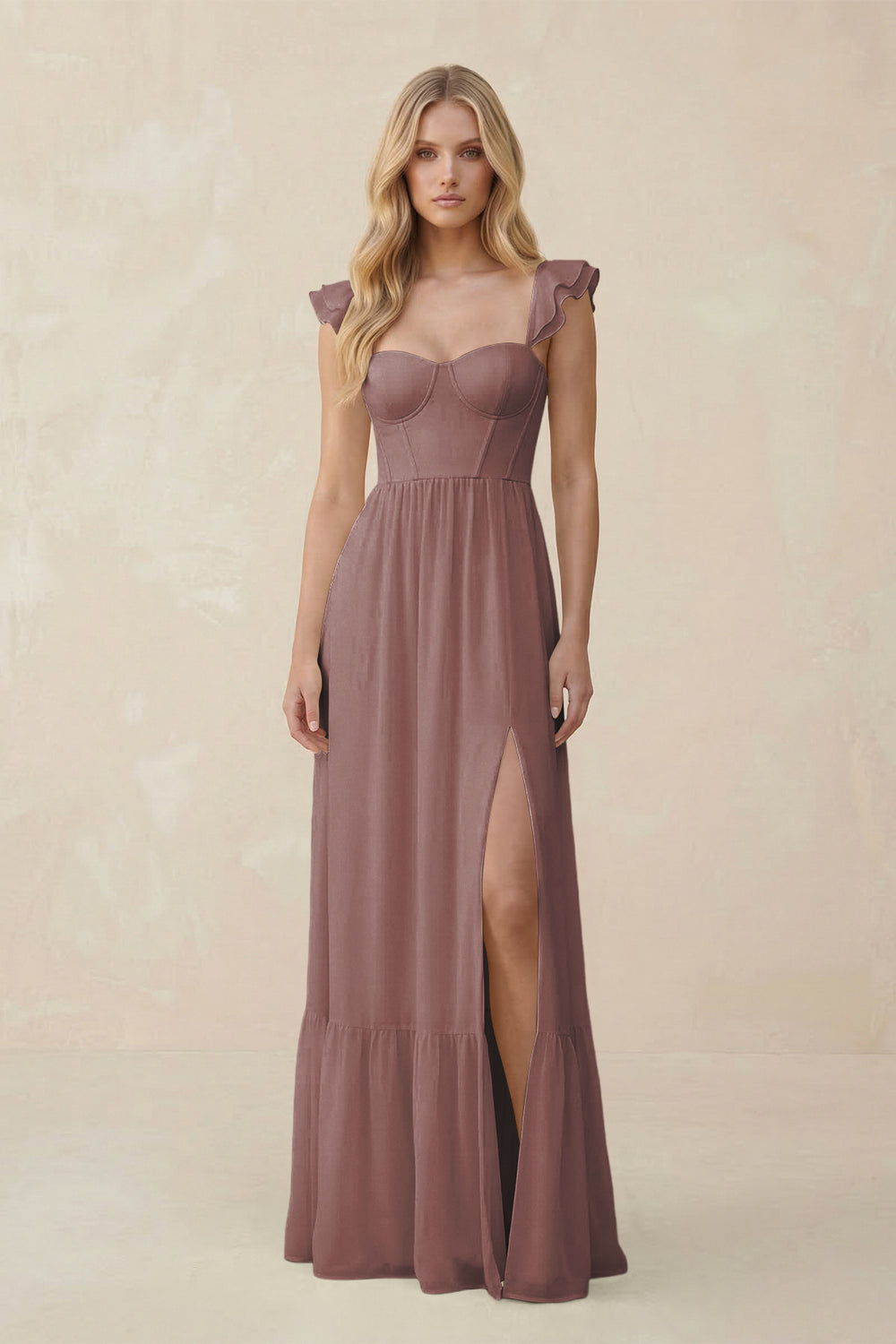 Sweetheart Ruffled Sleeve A-Line Chiffon Bridesmaid Dress in Dusty Rose