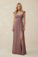 Sweetheart Ruffled Sleeve A-Line Chiffon Bridesmaid Dress in Dusty Rose | KISSBRIDAL