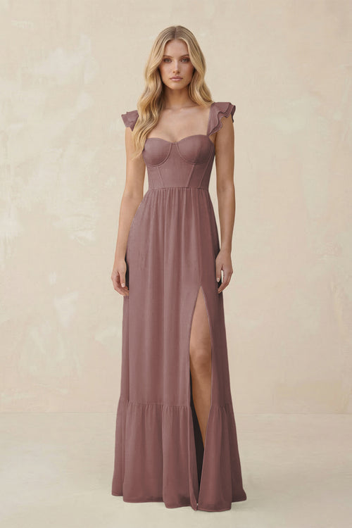 Sweetheart Ruffled Sleeve A-Line Chiffon Bridesmaid Dress in Dusty Rose | KISSBRIDAL