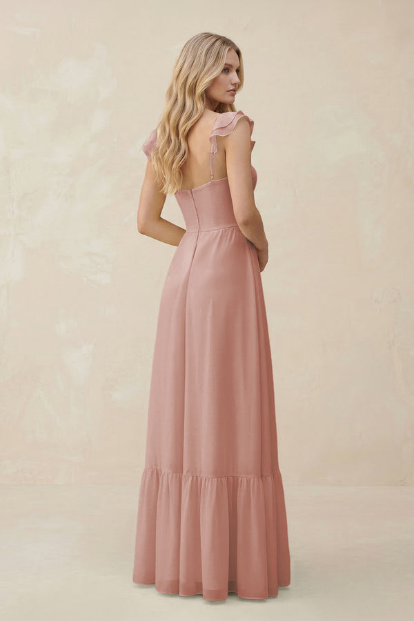 Sweetheart Ruffled Sleeve A-Line Chiffon Bridesmaid Dress in English Rose (2) | KISSBRIDAL