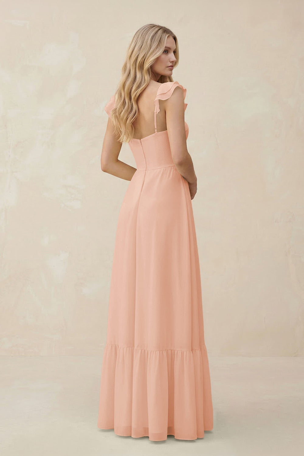Sweetheart Ruffled Sleeve A - Line Chiffon Bridesmaid Dress in English Rose - KISS BRIDAL Bridesmaid Dresses