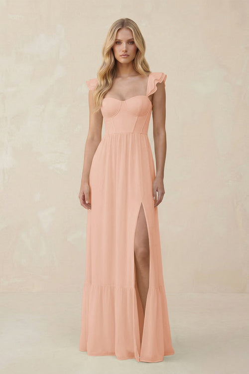 Sweetheart Ruffled Sleeve A - Line Chiffon Bridesmaid Dress in English Rose - SHE IS ME Bridesmaid Dresses