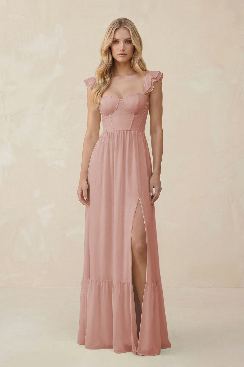 Sweetheart Ruffled Sleeve A-Line Chiffon Bridesmaid Dress in English Rose