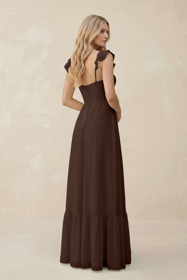 Sweetheart Ruffled Sleeve A - Line Chiffon Bridesmaid Dress in Espresso - SHE IS ME Bridesmaid Dresses