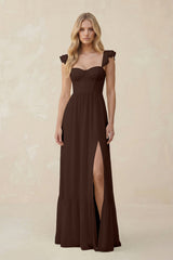 Sweetheart Ruffled Sleeve A - Line Chiffon Bridesmaid Dress in Espresso - KISS BRIDAL Bridesmaid Dresses