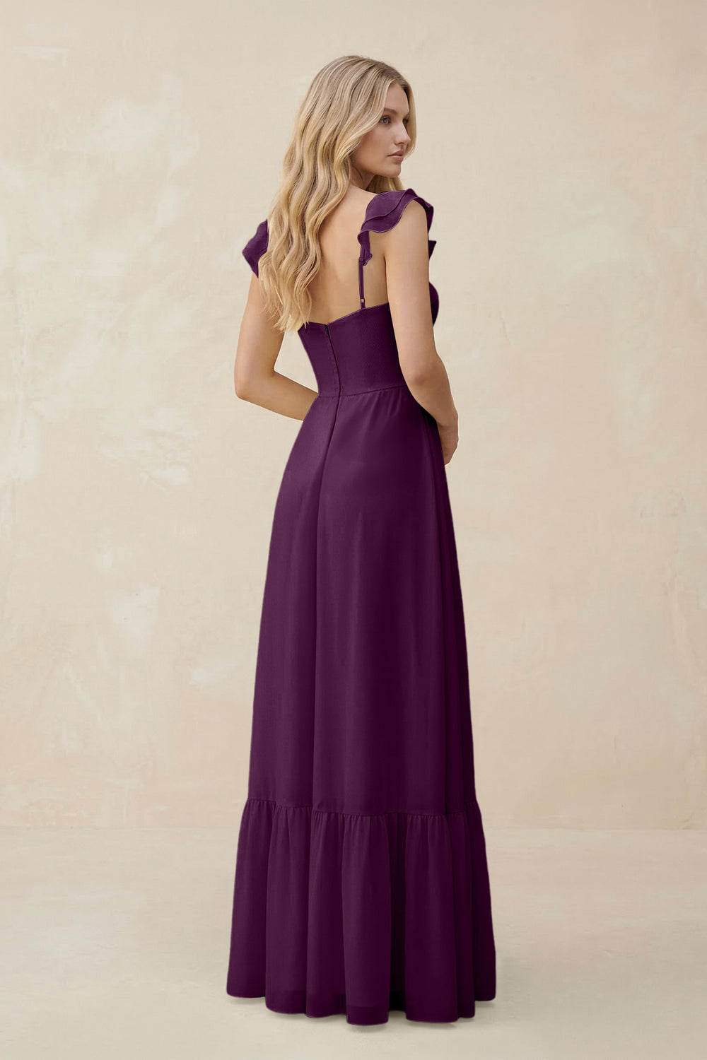 Sweetheart Ruffled Sleeve A-Line Chiffon Bridesmaid Dress in Fig