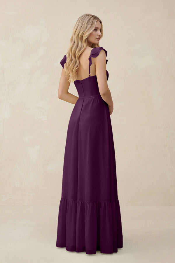 Sweetheart Ruffled Sleeve A-Line Chiffon Bridesmaid Dress in Fig (2) | KISSBRIDAL