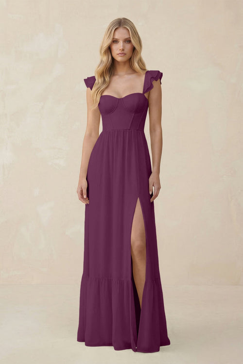 Sweetheart Ruffled Sleeve A - Line Chiffon Bridesmaid Dress in Fig - SHE IS ME Bridesmaid Dresses