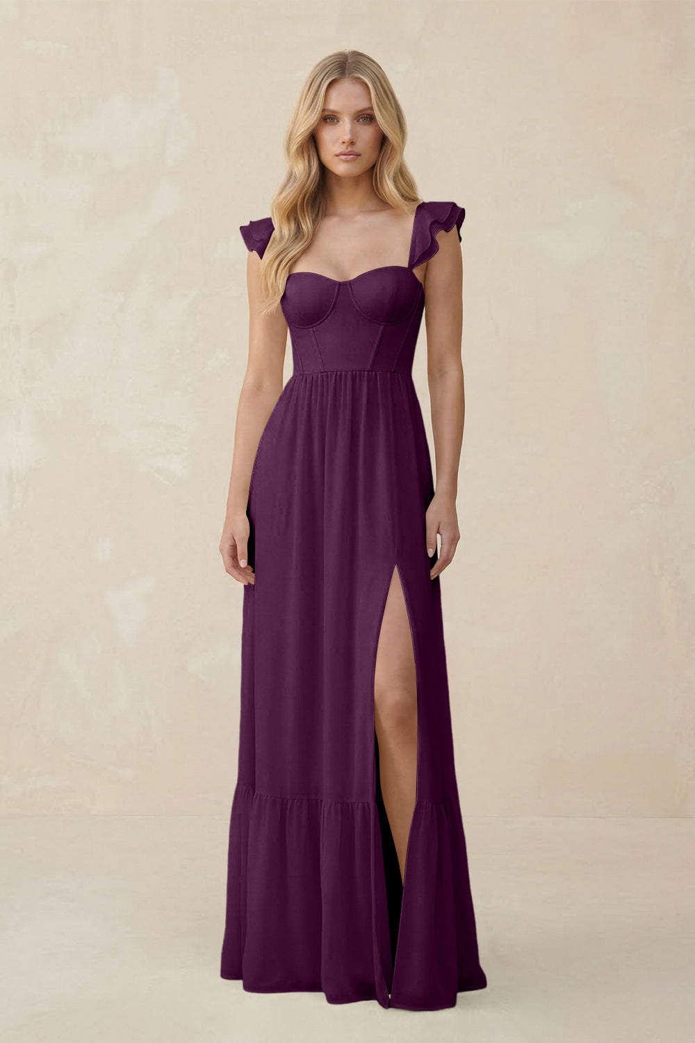Sweetheart Ruffled Sleeve A-Line Chiffon Bridesmaid Dress in Fig