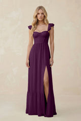Sweetheart Ruffled Sleeve A-Line Chiffon Bridesmaid Dress in Fig | KISSBRIDAL