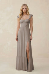Sweetheart Ruffled Sleeve A-Line Chiffon Bridesmaid Dress in Frost | KISSBRIDAL