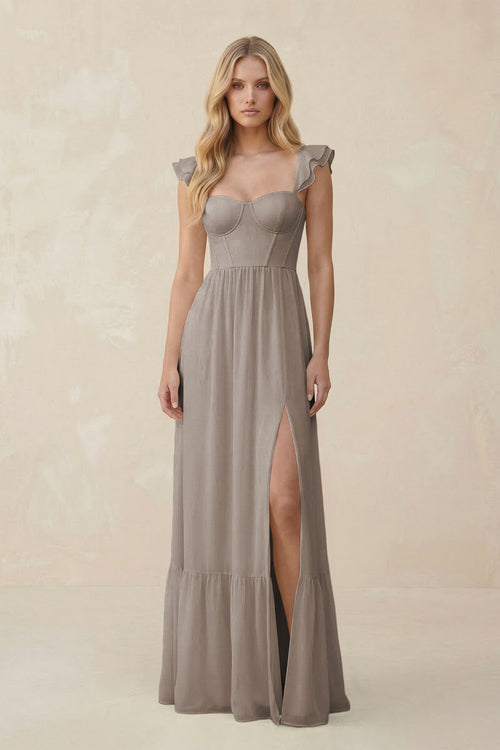 Sweetheart Ruffled Sleeve A-Line Chiffon Bridesmaid Dress in Frost | KISSBRIDAL