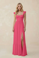 Sweetheart Ruffled Sleeve A - Line Chiffon Bridesmaid Dress in Fuchsia - SHE IS ME Bridesmaid Dresses