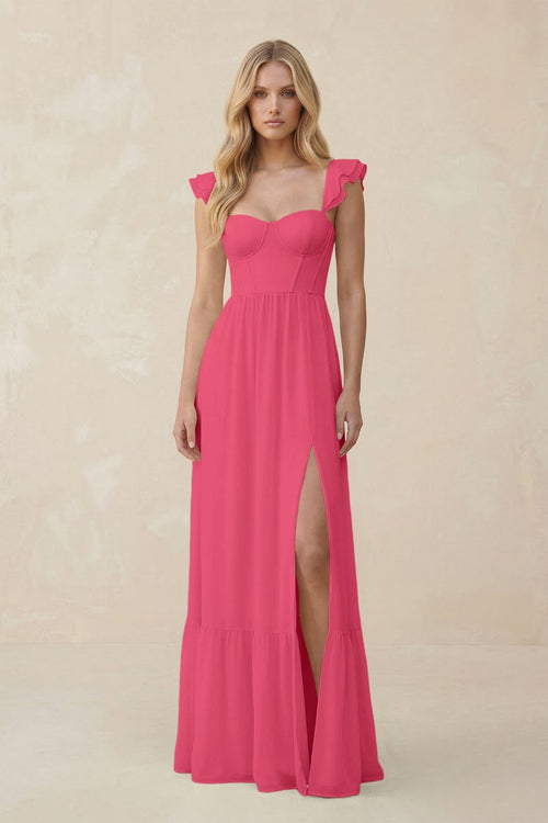 Sweetheart Ruffled Sleeve A - Line Chiffon Bridesmaid Dress in Fuchsia - SHE IS ME Bridesmaid Dresses