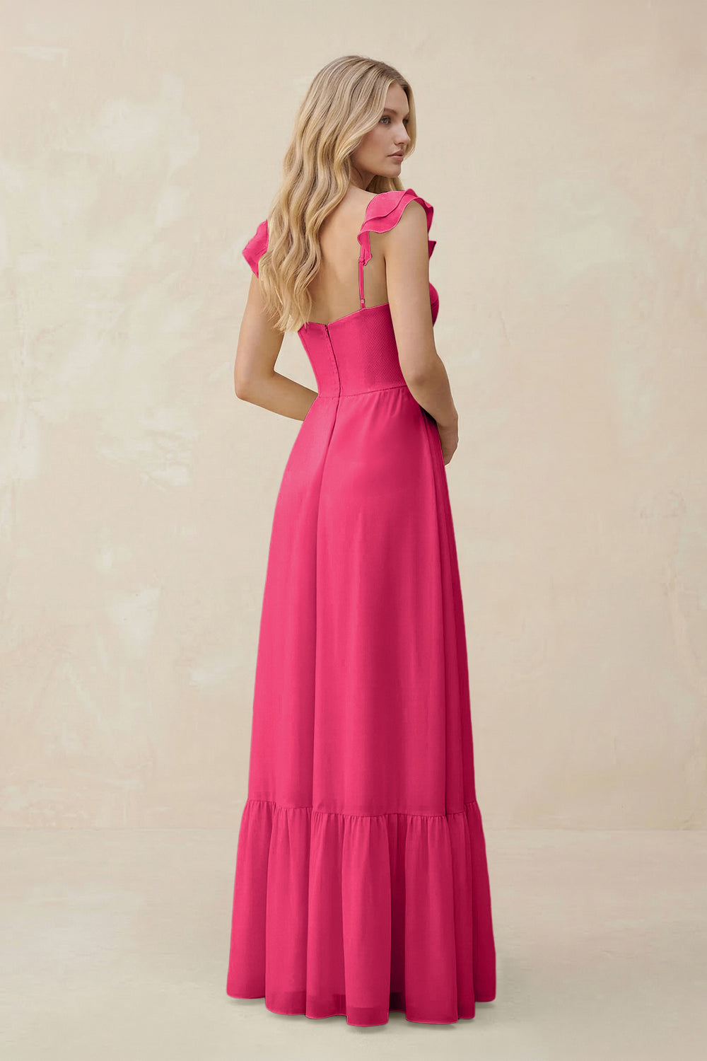 Sweetheart Ruffled Sleeve A-Line Chiffon Bridesmaid Dress in Fuchsia