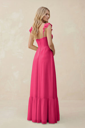 Sweetheart Ruffled Sleeve A-Line Chiffon Bridesmaid Dress in Fuchsia (2) | KISSBRIDAL