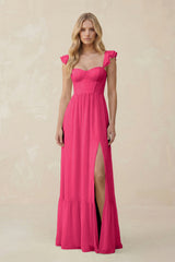 Sweetheart Ruffled Sleeve A-Line Chiffon Bridesmaid Dress in Fuchsia | KISSBRIDAL