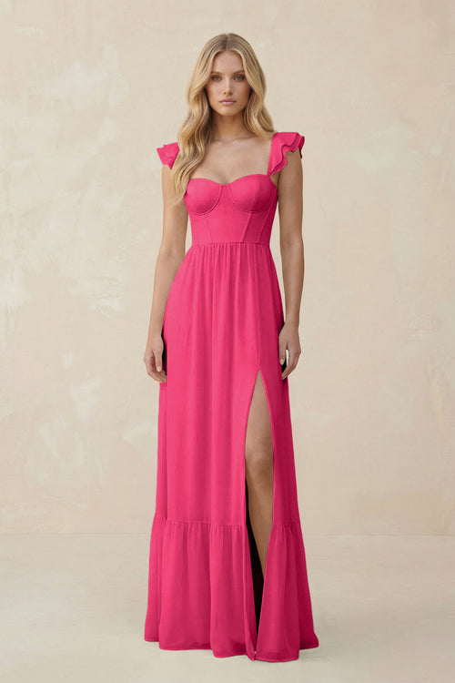 Sweetheart Ruffled Sleeve A-Line Chiffon Bridesmaid Dress in Fuchsia | KISSBRIDAL