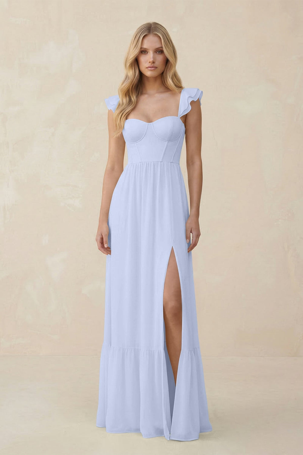 Sweetheart Ruffled Sleeve A - Line Chiffon Bridesmaid Dress in Ice - KISS BRIDAL Bridesmaid Dresses